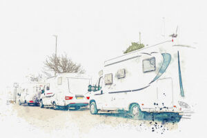 A Watercolor Sketch Or Illustration. Parking Trailers. Traveling On A House On Wheels